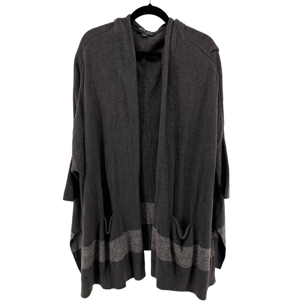 Barefoot Dreams CozyChic Cardigan Hooded Poncho One‎ Size Grey Stripe Pocket